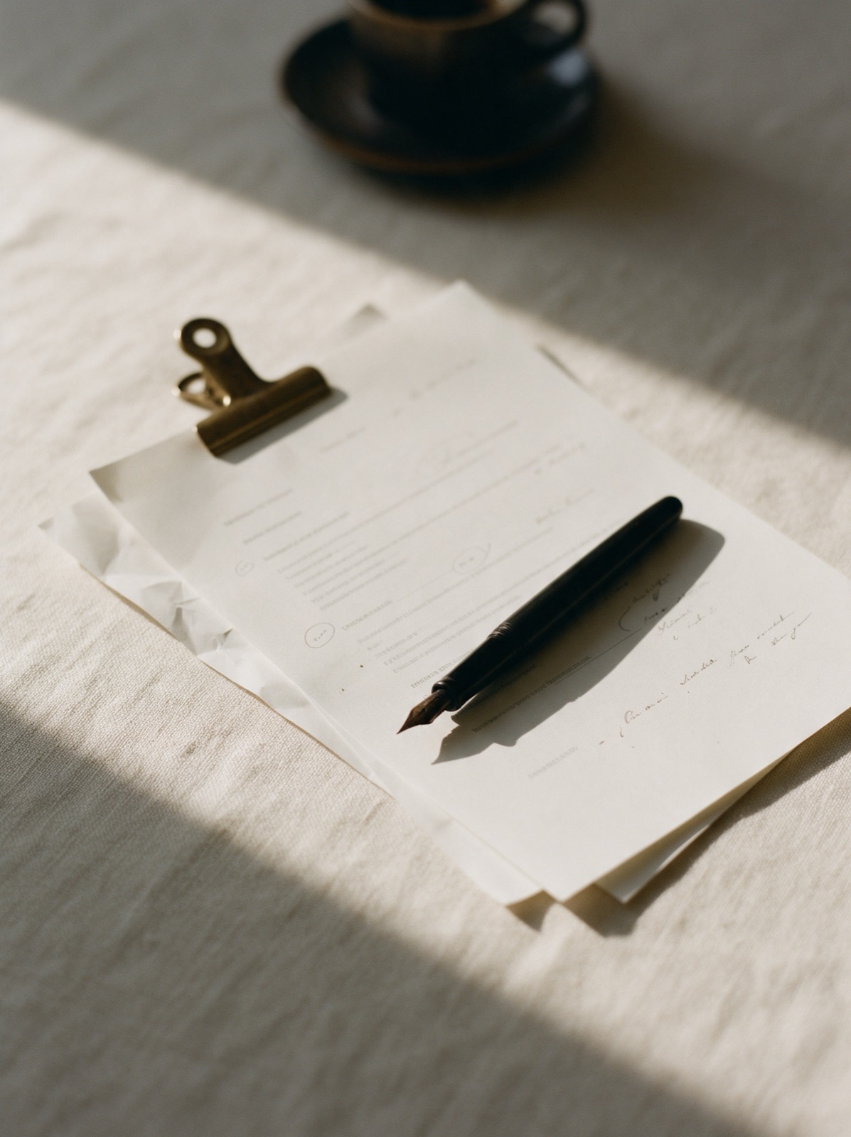A prepared call sheet with handwritten stage directions, a fountain pen, and a brass clip